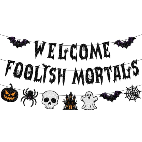 Halloween Party Banner Set - Welcome & Foolish Mortals Glitter Decorations