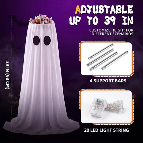 White 39 Inch Lighted LED Halloween Ghost Candy Bowl Stand with Remote & Timer