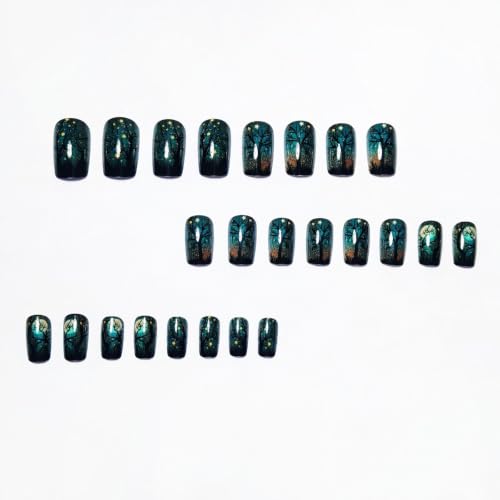 Halloween Press On Nails Medium Square with Dark Night Forest Moon & Star - Style3