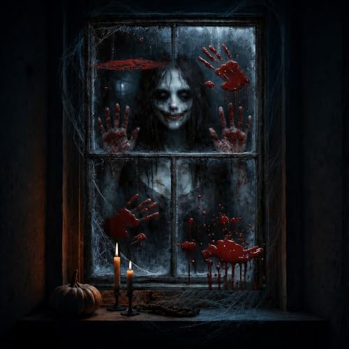 Halloween Window Cover - Spooky Horror Ghost & Blood Handprints Decoration 31.5x47.2"