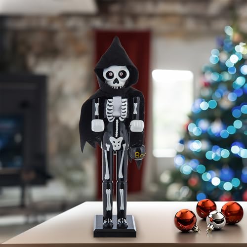 15-Inch Wooden Halloween Skull Nutcracker - Spooky Holiday Decor