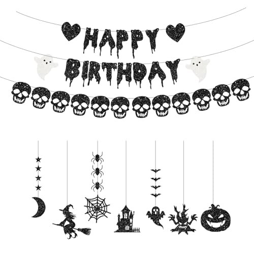 Black Glitter Halloween Banner & Spooky Hanging Garlands for Party Decor