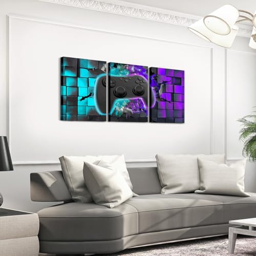 Gaming Canvas Wall Art Set - 3 Pieces Teal Purple Black Geometric Gaming Room Decor