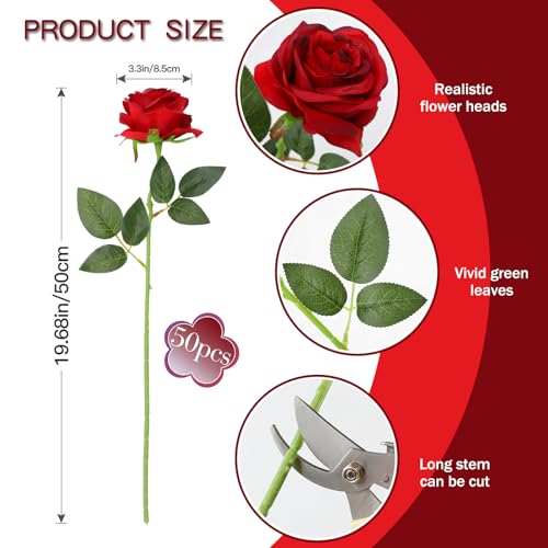 Artificial Silk Roses Bulk Bouquet - Burgundy, 50 Long Stem Fake Flowers for Wedding & Home Decor