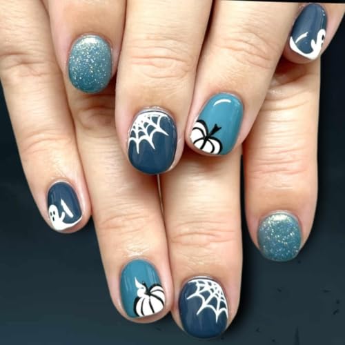 Blue Ghost Pumpkin Halloween Press On Nails Short Square Fake Nails - Variation 43
