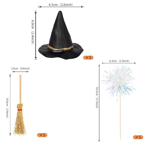 Magic Witch Cupcake Toppers Set with Broom & Hat - Design 6, 15 Pack Halloween Party Decorations