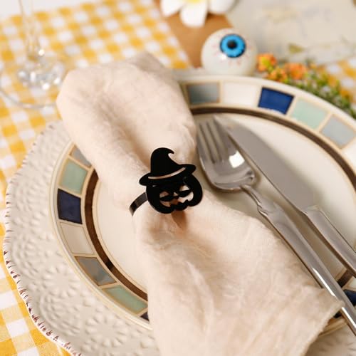 Halloween Napkin Rings Set of 12 - Black Pumpkin with Hat Metal Holders - Fall Party Decor