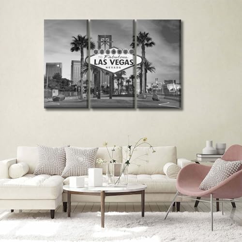 Las Vegas Night Scene Canvas Wall Art Set - 3 Panels Framed Ready to Hang 40x60 Inches - Black & White Landscape Decoration