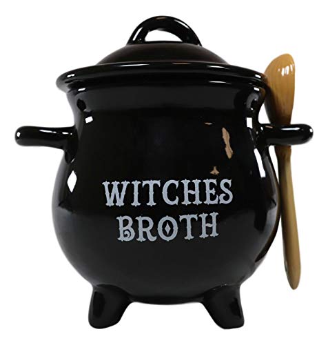 Witches Cauldron Mug with Lid and Broom Spoon - Halloween Serveware, 18oz