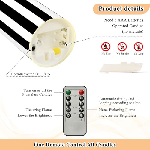 Set of 2 Flameless Candles with Remote - White & Black Stripe, Small & Large, Realistic LED Taper Candles