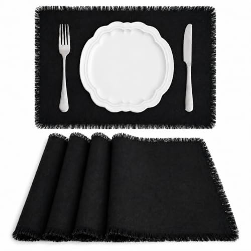 Black Placemats Set of 4 - Linen Cotton Farmhouse Table Decor