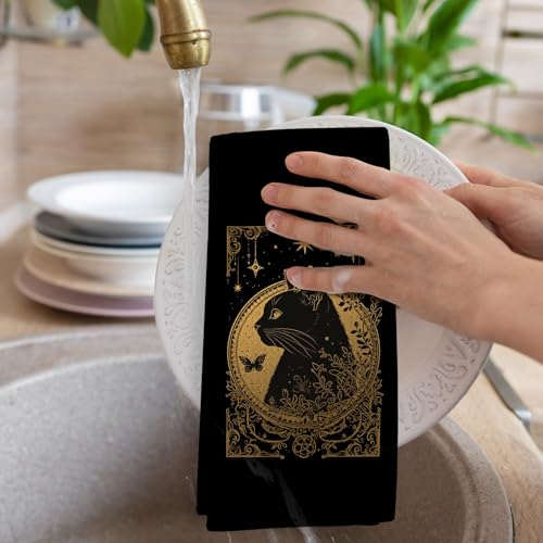 Gothic Tarot Cat Kitchen Towels - Witchy Black Gold Dish Hand Towels - Cat Variation