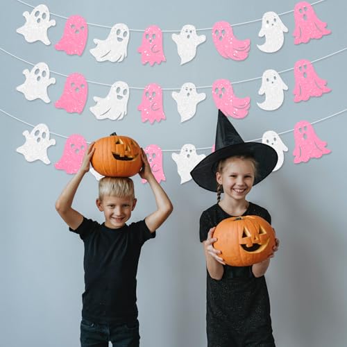 3 Pack Glitter Halloween Ghost Banner - Pink & White Hanging Decorations for Haunted House & Party