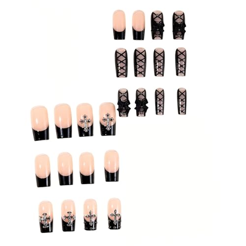 Square Press On Nails - Medium Fake Nails with Glossy Finish & Rhinestone Cross - Variation FN064A32