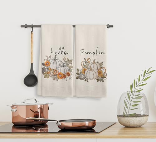 White Hello Pumpkin Fall Kitchen Towels and Dishcloths Set of 2 - Farmhouse Decor Gift