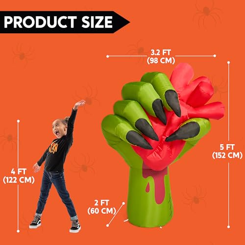 5 Ft Halloween Inflatable Zombie Hand with Pumping Heart & LED Lights for Yard Decor