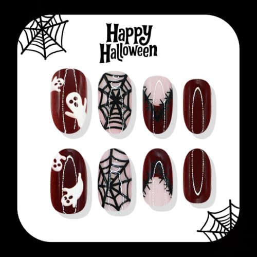 Halloween Press On Nails Medium Almond Burgundy Gradient Ghost Spider Web 30- - MJJNTTN