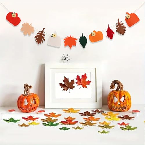Felt Pumpkin and Leaves Garland - Fall Harvest Banner for Thanksgiving & Halloween Decor