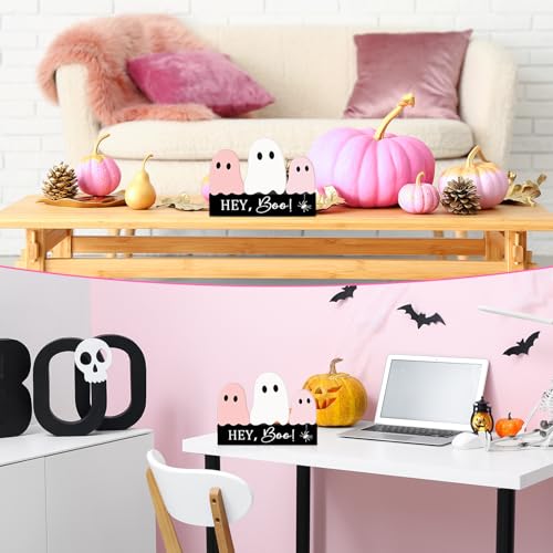 Pink Halloween Ghost Decor Set - Cute Wooden Signs for Tiered Tray & Table Display