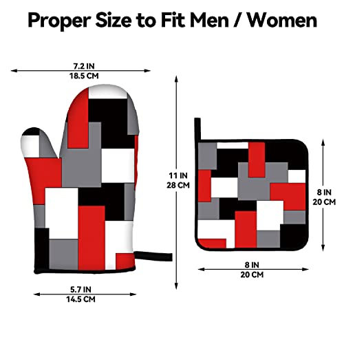 Red Geometric Oven Mitts and Pot Holders Set - Heat-Resistant Kitchen Accessories