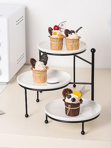 Black 8-Inch 3-Tier Serving Stand with Porcelain Plates for Entertaining