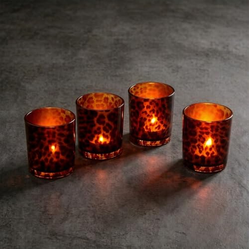 Leopard Brown Glass Tealight Candle Holder - Animal Print Decor Votive Jar