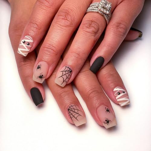 Halloween Short Square Fake Nails with Spider Web Design - Matte Fall Nails, Variation 27