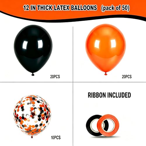 Halloween Balloons Set 50pcs 12in Latex Decorations - Orange, Black & Confetti, Variation: Orangeblack