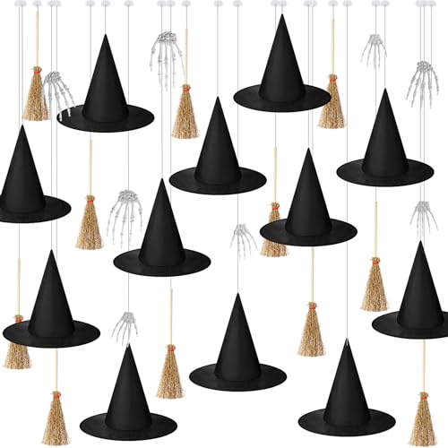 Halloween Hanging Decor Set with Witch Hats Brooms Skeleton Hands - 32 Pieces