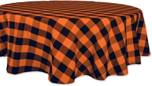 Farmhouse Tablecloth 70-Inch Round Buffalo Check Orange & Black - Classic Kitchen Decor