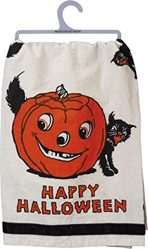 Halloween Dish Towel 28x28 Inch - Retro Jack-o'-Lantern & Black Cat Design