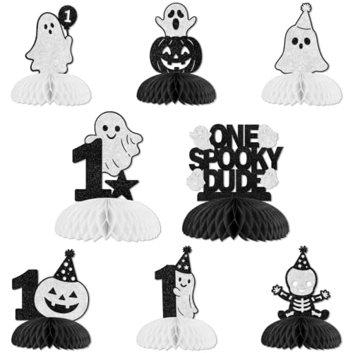 Halloween First Birthday Party Decor - Black Silver Honeycomb Centerpieces - Spooky Dude Theme - Variation: Black White