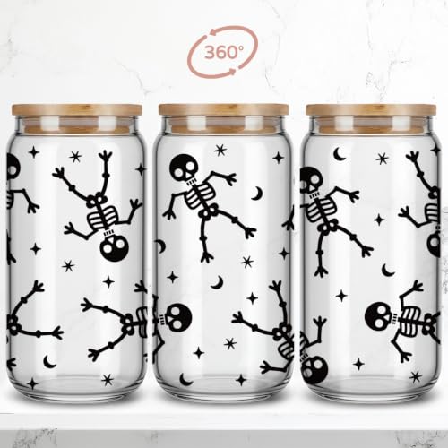 Halloween Skeleton Glass Cup with Lid & Straw - 16 Oz Fall Gift - Variation of clean-10