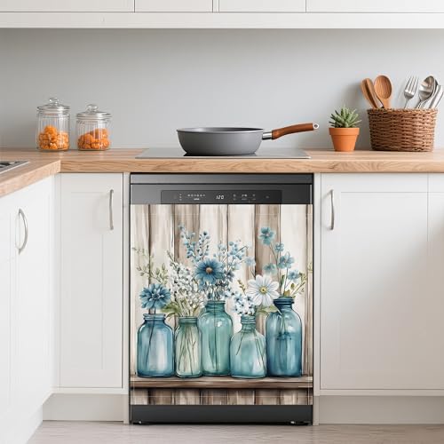 Blue Mason Jars Flowers Magnetic Dishwasher Cover - Rustic Kitchen Decor 23x26 Inch