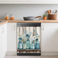 Blue Mason Jars Flowers Magnetic Dishwasher Cover - Rustic Kitchen Decor 23x26 Inch