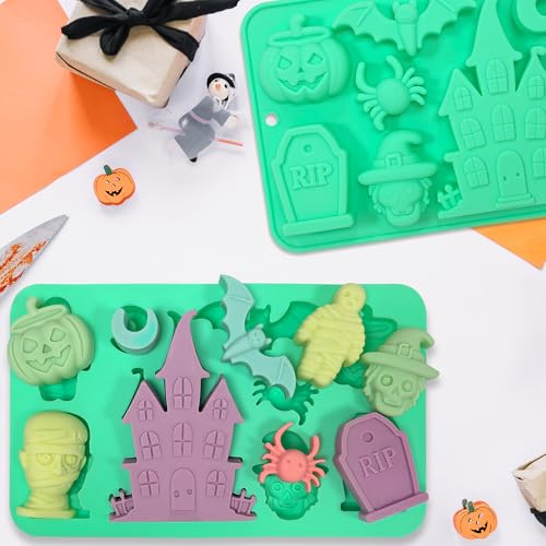 Halloween Silicone Mold 9 Shapes for Chocolate Candy Gummy - 2 Pack - Spooky Castle Bat Mummy