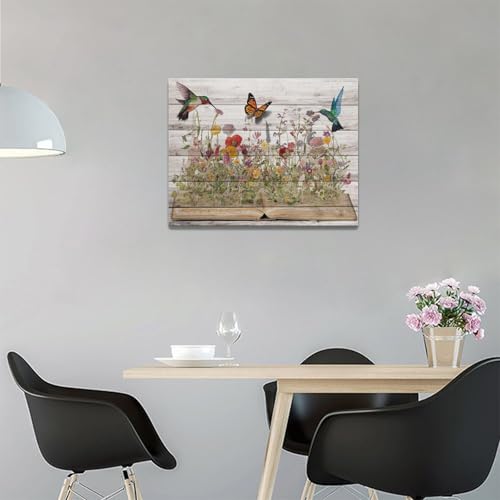 Rustic Hummingbird Wall Art Canvas Print - Farmhouse Flower Butterfly Decor, 16x12 Inches - Hummingbird Flowers Variation