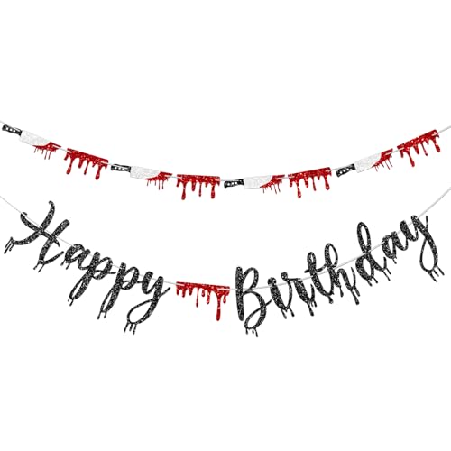 Halloween Birthday Banner Set with Glitter Knife & Blood Drop Garland - Spooky Party Decorations