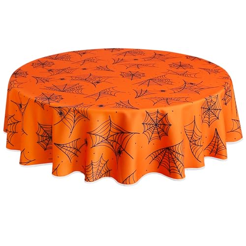 Orange 60-Inch Waterproof Spider Web Halloween Tablecloth - Round, Washable Party Decor