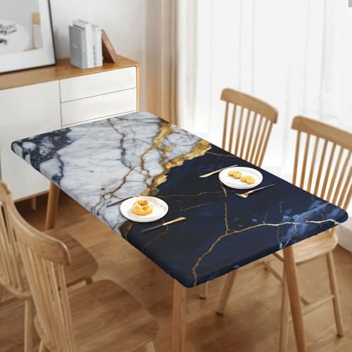 Black and White Marble Texture Tablecloth - 50 x 25 Inches Rectangular with Elastic Edge, Washable Kitchen Dining Cover - Fiokroo