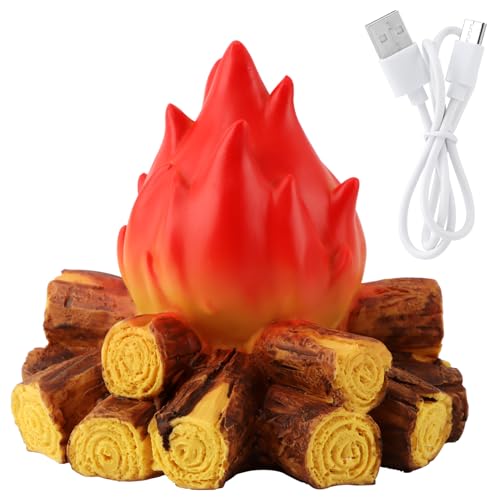 Small Fake Campfire Night Light - 3D Flickering LED Fire Flame with Log for Home Decor