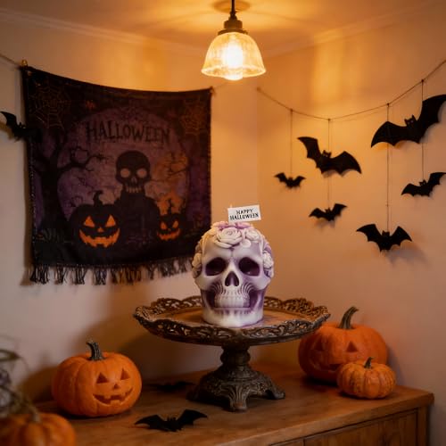 Skull Shaped Scented Candle with Freesia Fragrance - Halloween Decor, 5 oz