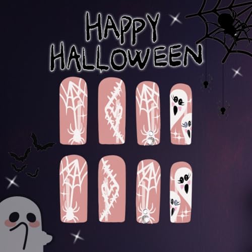 Halloween Press-On Nails Long Square Spider Web Ghost Design - Style 19 - 24 Pack