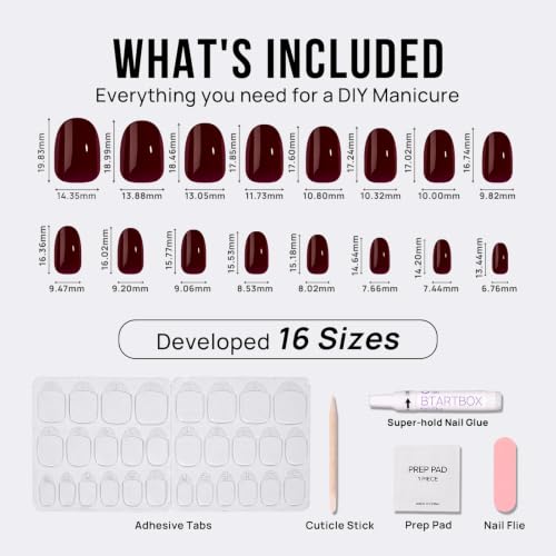 BTArtbox Short Oval Dark Red Press On Nails Kit - Coffee Bean Variation