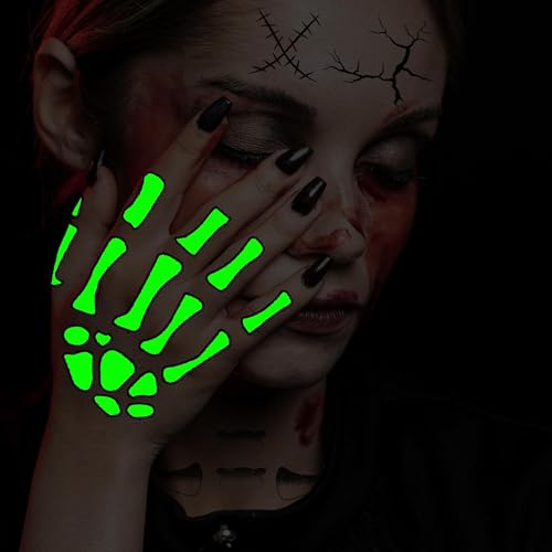 Glow in The Dark Skeleton Face & Hand Temporary Tattoos Halloween Costume Makeup Set