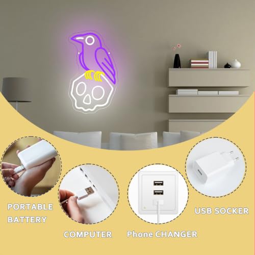 Crow Skull Neon Sign Halloween Neon Light LED Gothic Spooky Decor - Purple+Cool White+Lemon Yellow