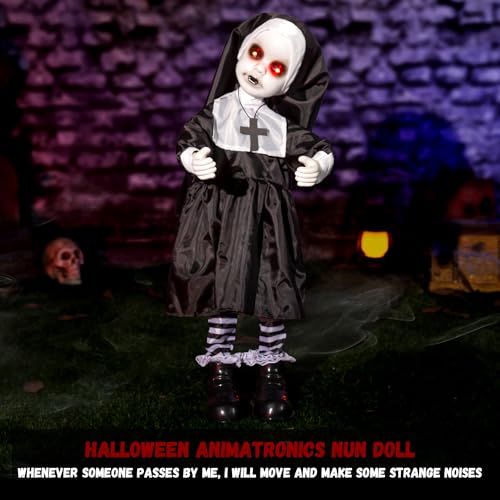 Scary Halloween Animatronic Nun Doll with Light-Up Red Eyes, Sound & Lunging Motion, Indoor & Outdoor Decor