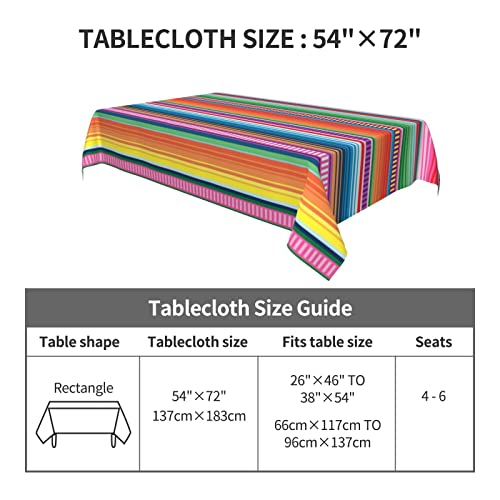 Colorful Mexican Blanket Serape Tablecloth - 54x72 Inches Waterproof Picnic Cover with Black 6x6 Variation