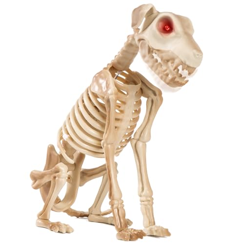 Halloween Animatronics 15-Inch Skeleton Dog with Light-Up Eyes & Sound Activation - Creepy Haunted Prop for Indoor Outdoor Decor