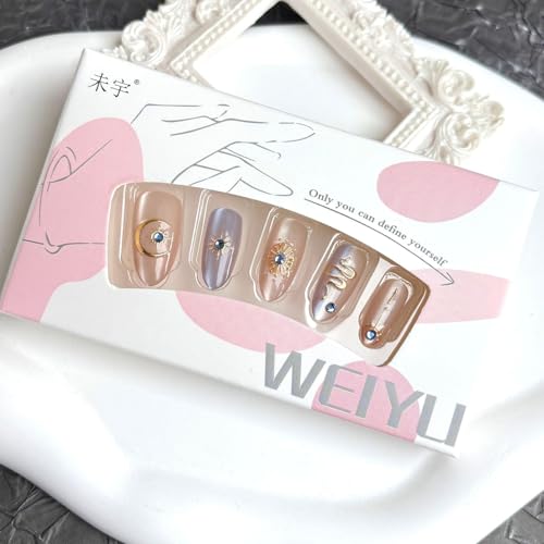 Star Moon Press On Nails - 30Pcs Medium Almond Fake Nails with Rhinestones & Variation 6